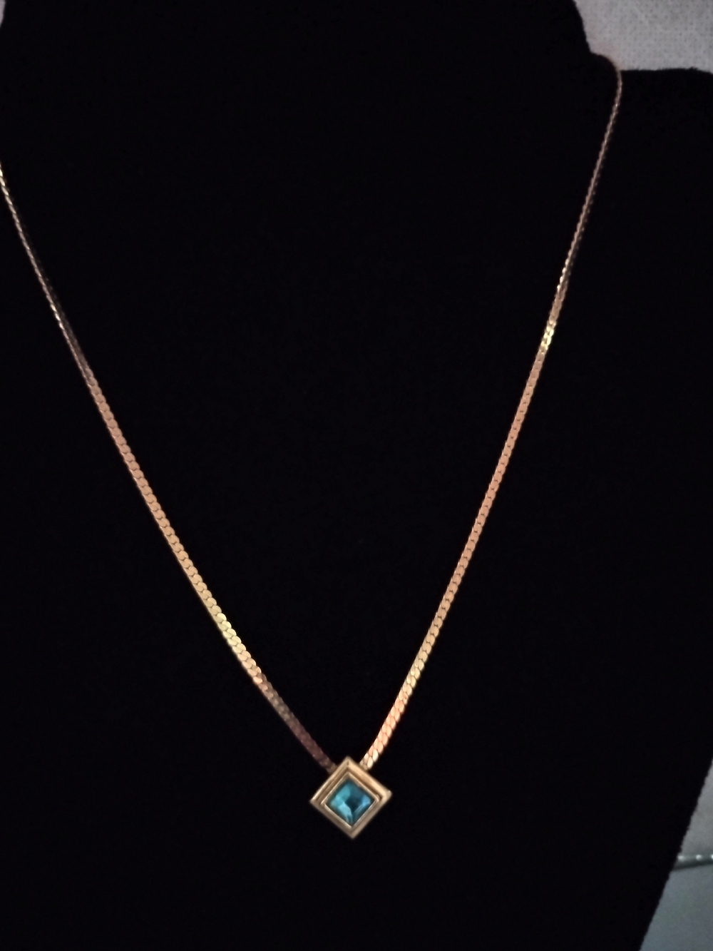 Gold Necklace with Blue Square Gemstone Pendant